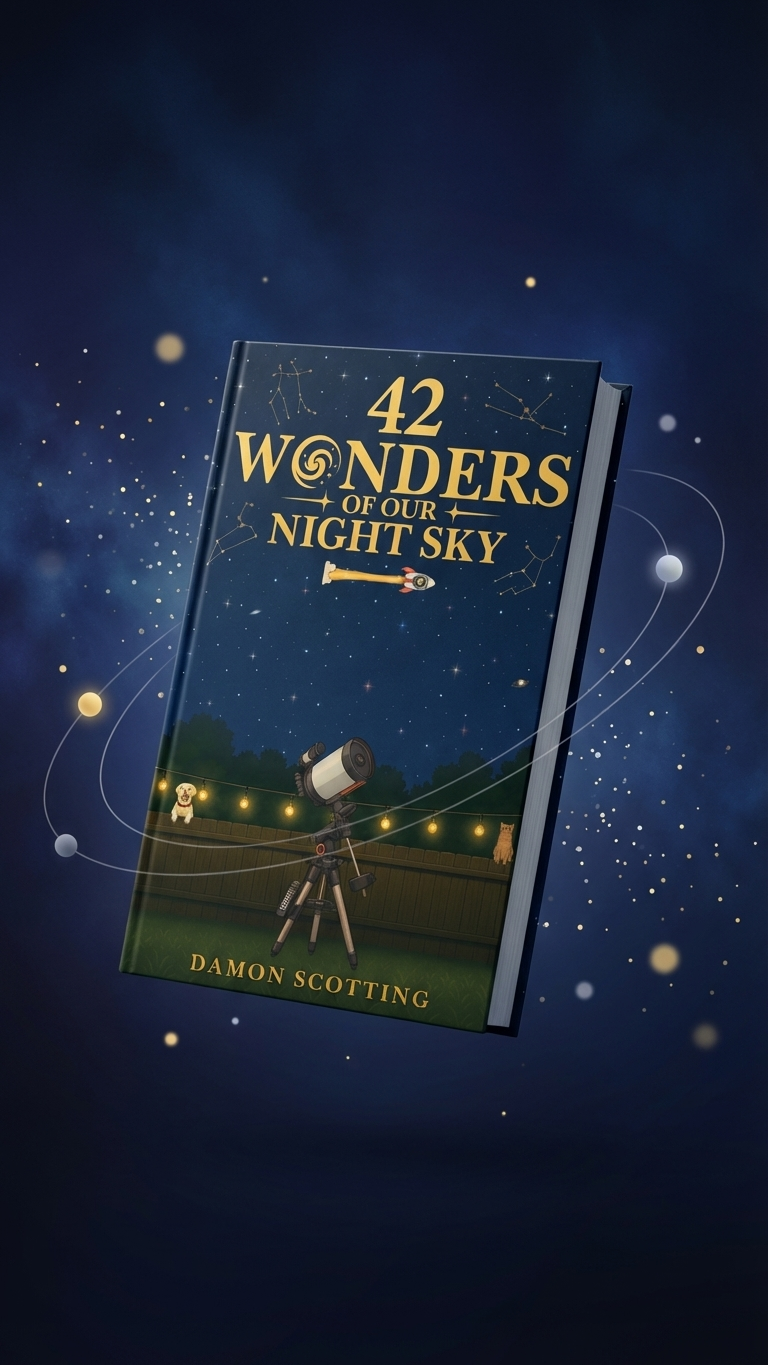 42 Wonders book floating on a cosmic background